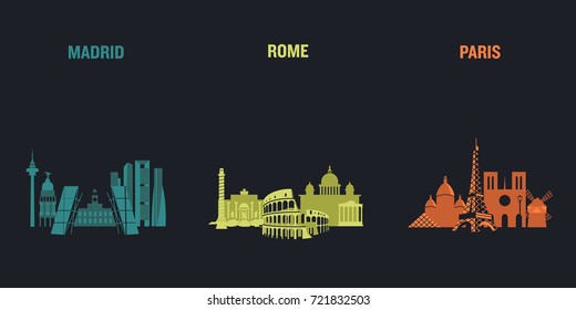 Skyline illustration of three European cities, Madrid, Rome and Paris. Flat vector design.	
