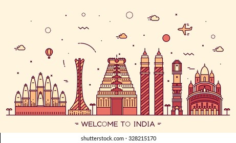 Skyline of India, detailed silhouette. Trendy vector illustration, linear style.