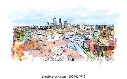 Skyline of Indianapolis City in Indiana, USA. Watercolor splash with Hand drawn sketch illustration in vector.