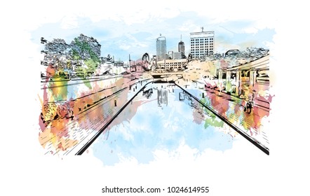 Skyline of Indianapolis City in Indiana, USA. Watercolor splash with Hand drawn sketch illustration in vector.