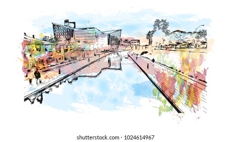 Skyline of Indianapolis City in Indiana, USA. Watercolor splash with Hand drawn sketch illustration in vector.