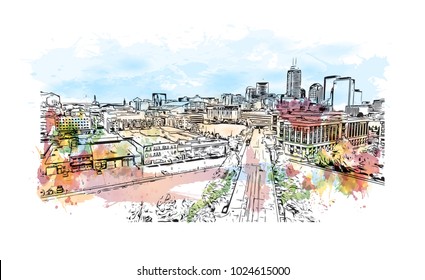 Skyline of Indianapolis City in Indiana, USA. Watercolor splash with Hand drawn sketch illustration in vector.