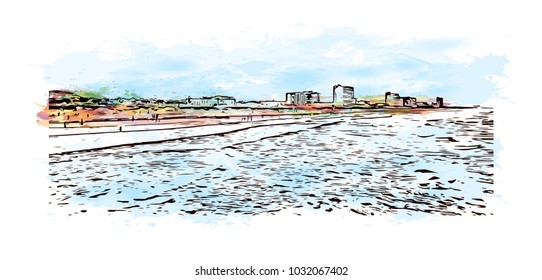Skyline of Jacksonville City in Florida, USA. Watercolor splash with  Hand drawn sketch illustration in vector.