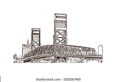 Skyline of Jacksonville City in Florida, USA. Hand drawn sketch illustration in vector.