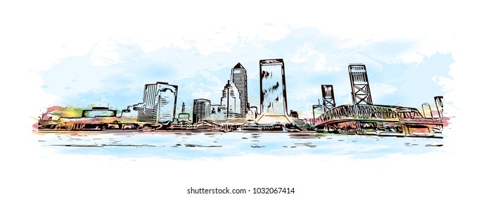 Skyline of Jacksonville City in Florida, USA. Watercolor splash with  Hand drawn sketch illustration in vector.