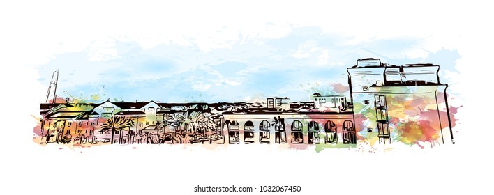 Skyline of Jacksonville City in Florida, USA. Watercolor splash with  Hand drawn sketch illustration in vector.