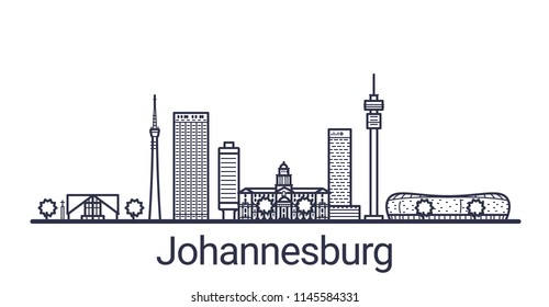 Skyline of Johannesburg city in linear style. Johannesburg cityscape line art. All buildings separated with clipping masks. So you can change composition and background.