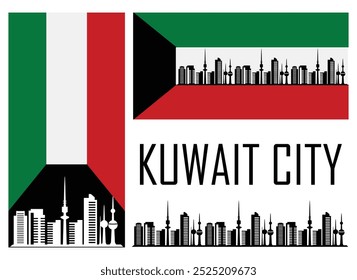 Horizonte de la ciudad de Kuwait con una silueta moderna de paisaje urbano contra la bandera de Kuwait, que combina el orgullo nacional y la arquitectura urbana. Es ideal para el turismo, contenido promocional. Bandera de Kuwait. EPS 10.