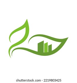 Skyline and Leaf logo template.  Green house concept icon eco building tower vector logo.