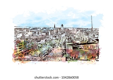 Skyline of Leeds City in England. Leeds is a city in the northern English county of Yorkshire. Watercolor splash with hand drawn sketch illustration in vector.
