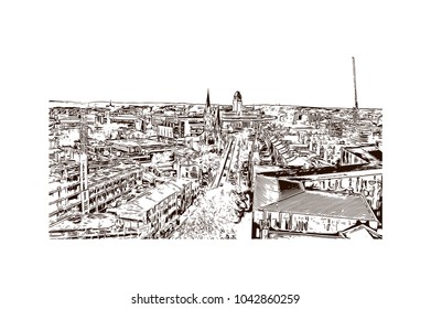 Skyline of Leeds City in England. Leeds is a city in the northern English county of Yorkshire. Hand drawn sketch illustration in vector.