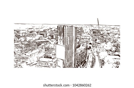 Skyline of Leeds City in England. Leeds is a city in the northern English county of Yorkshire. Hand drawn sketch illustration in vector.