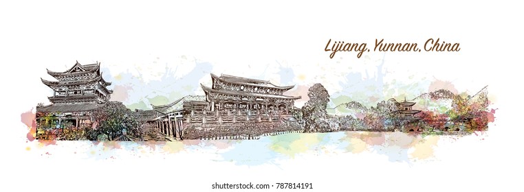 Skyline Of Lijiang, Yunnan, China. Watercolor Splash With Sketch In Vector Illustration.