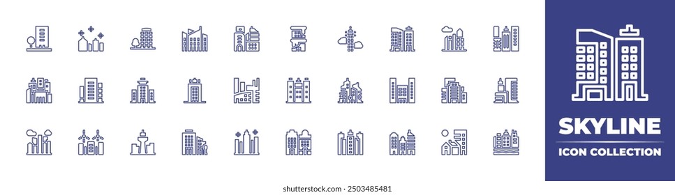 Skyline line icon collection. Editable stroke. Vector illustration. Containing city, skyline, skycraper, urbanity, building, buildings, skyscraper, officebuilding, architecture.