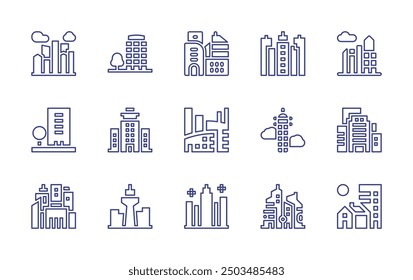 Skyline line icon set. Editable stroke. Vector illustration. Containing city, skyline, skycraper, urbanity, building, buildings, skyscraper.