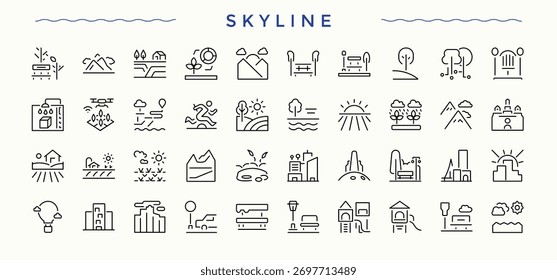 Conjunto de ícones da linha do horizonte. Ícones isolados. Pacote de manjericão, planta, natural, folha. Traçado editável. Conjunto de ícones da linha Natureza.