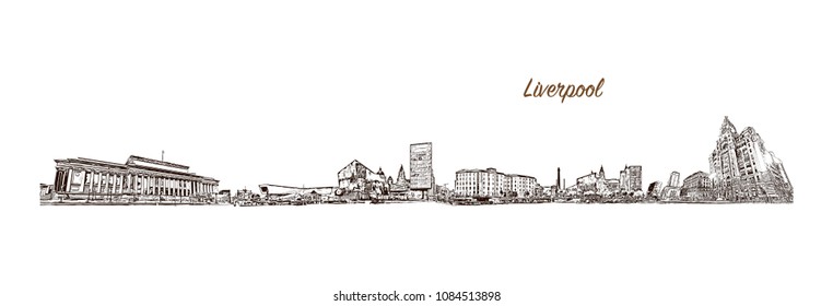 Skyline Liverpool, City in England. Hand drawn sketch illustration in vector.