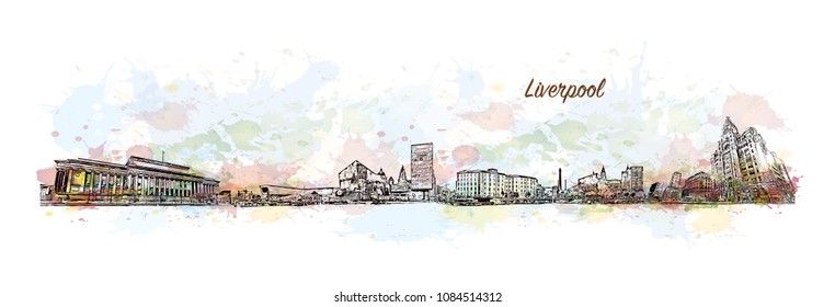 Skyline Liverpool, City in England. Watercolor splash with Hand drawn sketch illustration in vector.