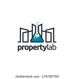 Skyline logo, city silhouette logo and lab bottle logo design emblem vector illustration logo template