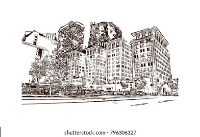 Skyline of Los Angeles City in California. Hand drawn sketch illustration in vector.