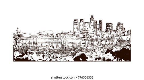 Skyline of Los Angeles City in California. Hand drawn sketch illustration in vector.