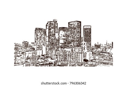 Skyline of Los Angeles City in California. Hand drawn sketch illustration in vector.