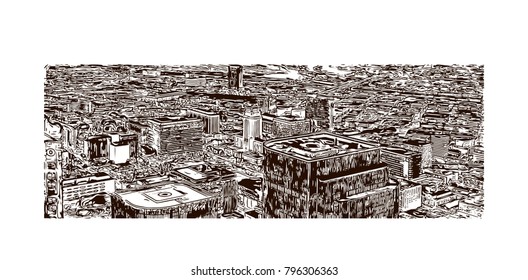 Skyline of Los Angeles City in California. Hand drawn sketch illustration in vector.