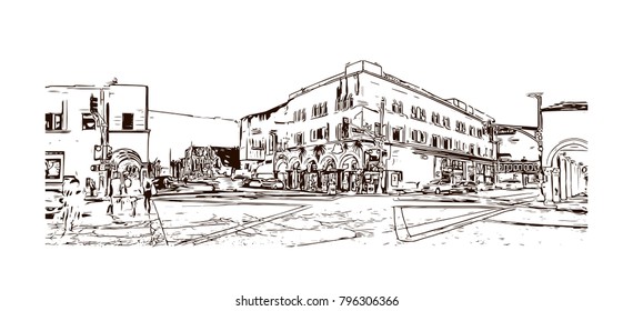Skyline of Los Angeles City in California. Hand drawn sketch illustration in vector.