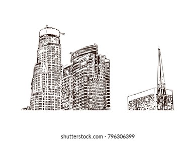 Skyline of Los Angeles City in California. Hand drawn sketch illustration in vector.