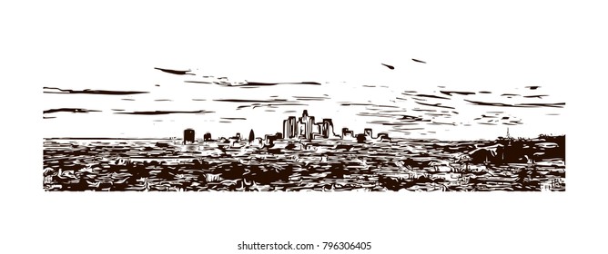 Skyline of Los Angeles City in California. Hand drawn sketch illustration in vector.