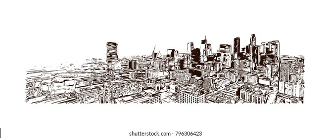 Skyline of Los Angeles City in California. Hand drawn sketch illustration in vector.