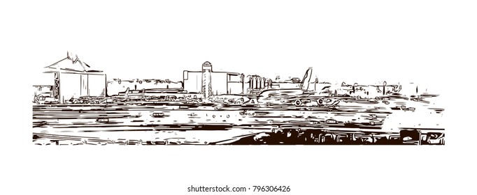 Skyline of Los Angeles City in California. Hand drawn sketch illustration in vector.