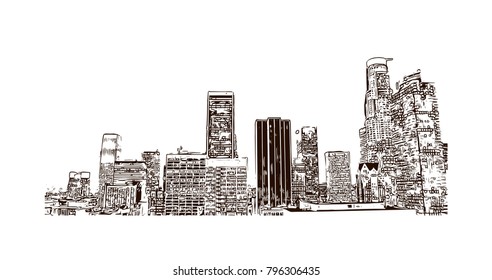 Skyline of Los Angeles City in California. Hand drawn sketch illustration in vector.