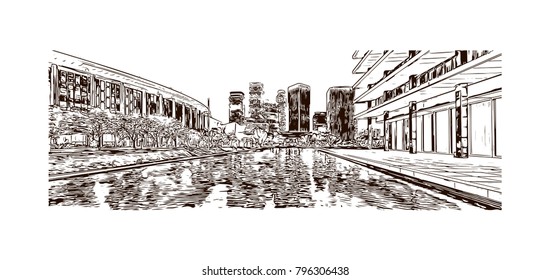 Skyline of Los Angeles City in California. Hand drawn sketch illustration in vector.