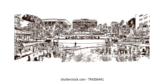 Skyline of Los Angeles City in California. Hand drawn sketch illustration in vector.