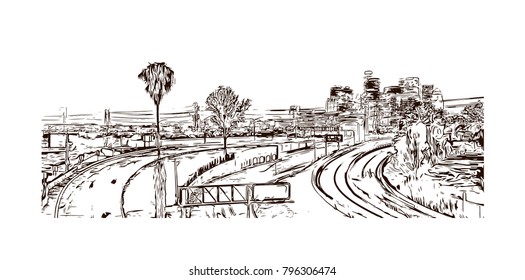 Skyline of Los Angeles City in California. Hand drawn sketch illustration in vector.