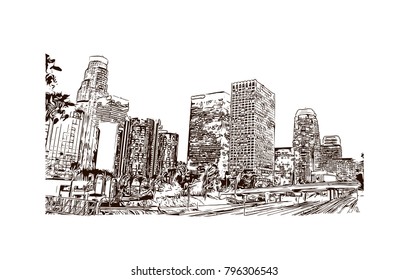 Skyline of Los Angeles City in California. Hand drawn sketch illustration in vector.