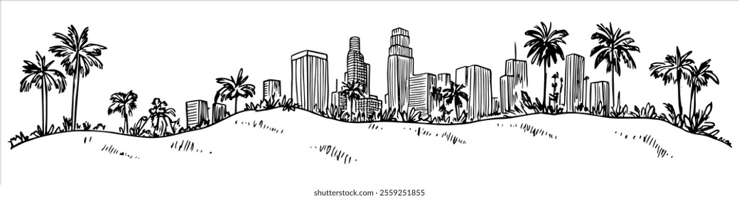 skyline of Los Angeles with palm trees city ​​panorama hand drawing doodle hatching vector sketch