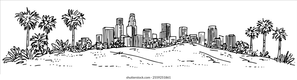 skyline of Los Angeles with palm trees city ​​panorama hand drawing doodle hatching vector sketch