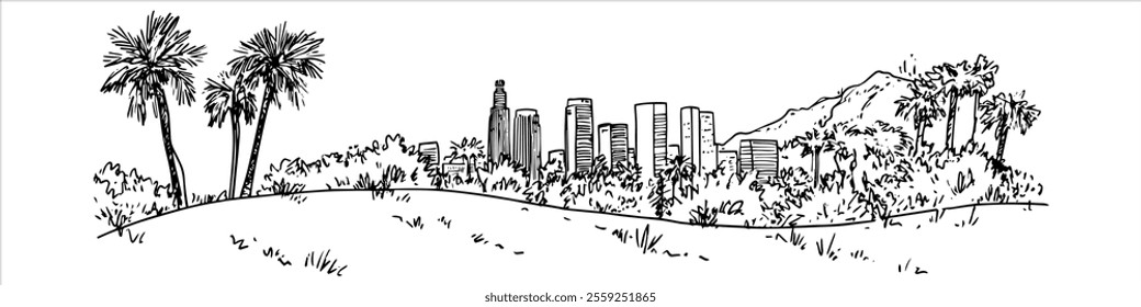 skyline of Los Angeles with palm trees city ​​panorama hand drawing doodle hatching vector sketch