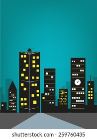 Skyline Midnight with Helicopter on a Rooftop of a building graphics design. Editable Vector EPS10 illustration.