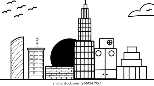  skyline minimalist line art building black and white
