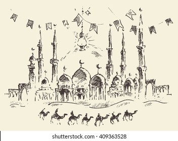 Skyline with mosque and caravan of camels, concept illustration for ramadan celebration, vector, hand drawn