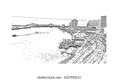 Skyline of New Orleans City in Louisiana, USA. Hand drawn sketch illustration in vector.