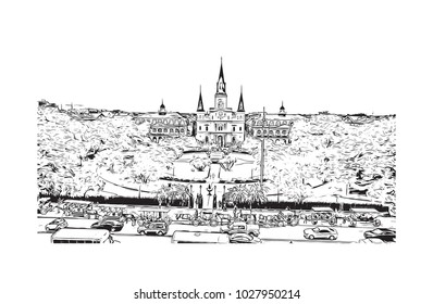 Skyline of New Orleans City in Louisiana, USA. Hand drawn sketch illustration in vector.