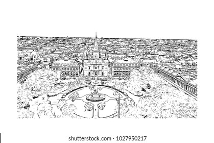 Skyline of New Orleans City in Louisiana, USA. Hand drawn sketch illustration in vector.