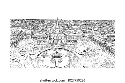 Skyline of New Orleans City in Louisiana, USA. Hand drawn sketch illustration in vector.