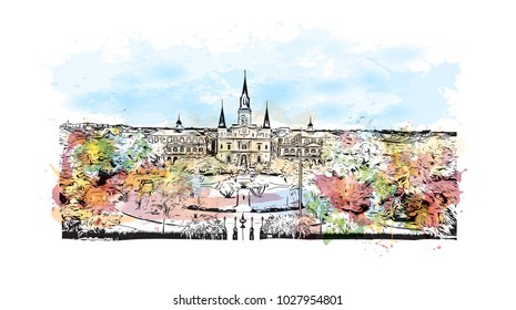 Skyline of New Orleans City in Louisiana, USA. Watercolor splash with Hand drawn sketch illustration in vector.