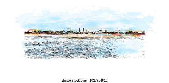 Skyline of New Orleans City in Louisiana, USA. Watercolor splash with Hand drawn sketch illustration in vector.