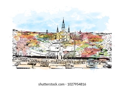 Skyline of New Orleans City in Louisiana, USA. Watercolor splash with Hand drawn sketch illustration in vector.